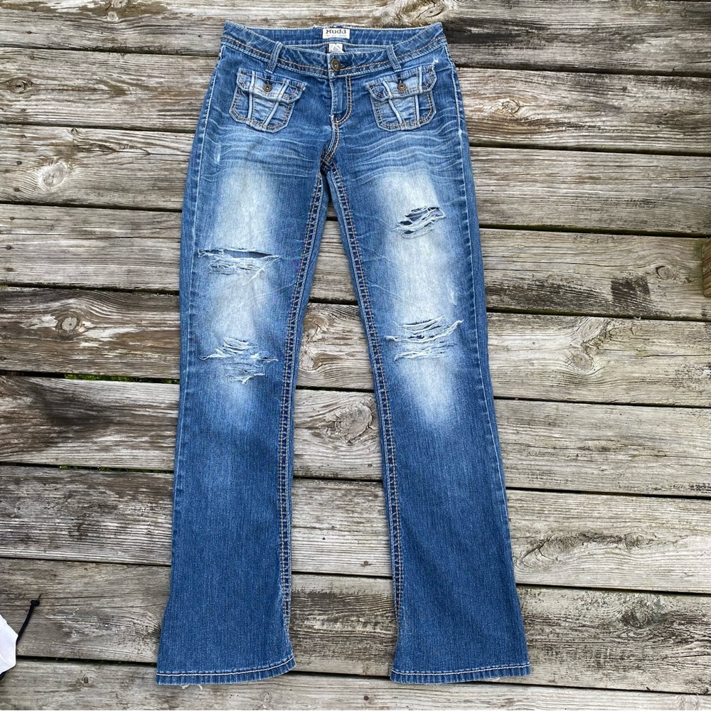 y2k Mudd Low Rise Distressed Ripped Flare Flap Pocket Jeans Size 7